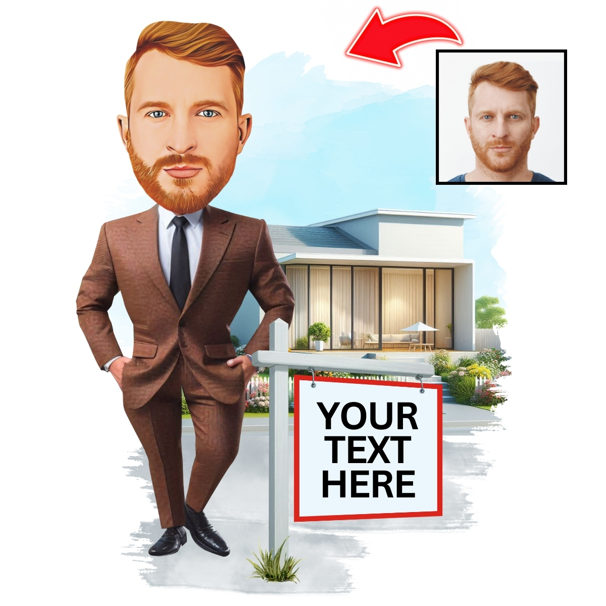 Custom Realtor Caricature with Signboard for Branding & Marketing