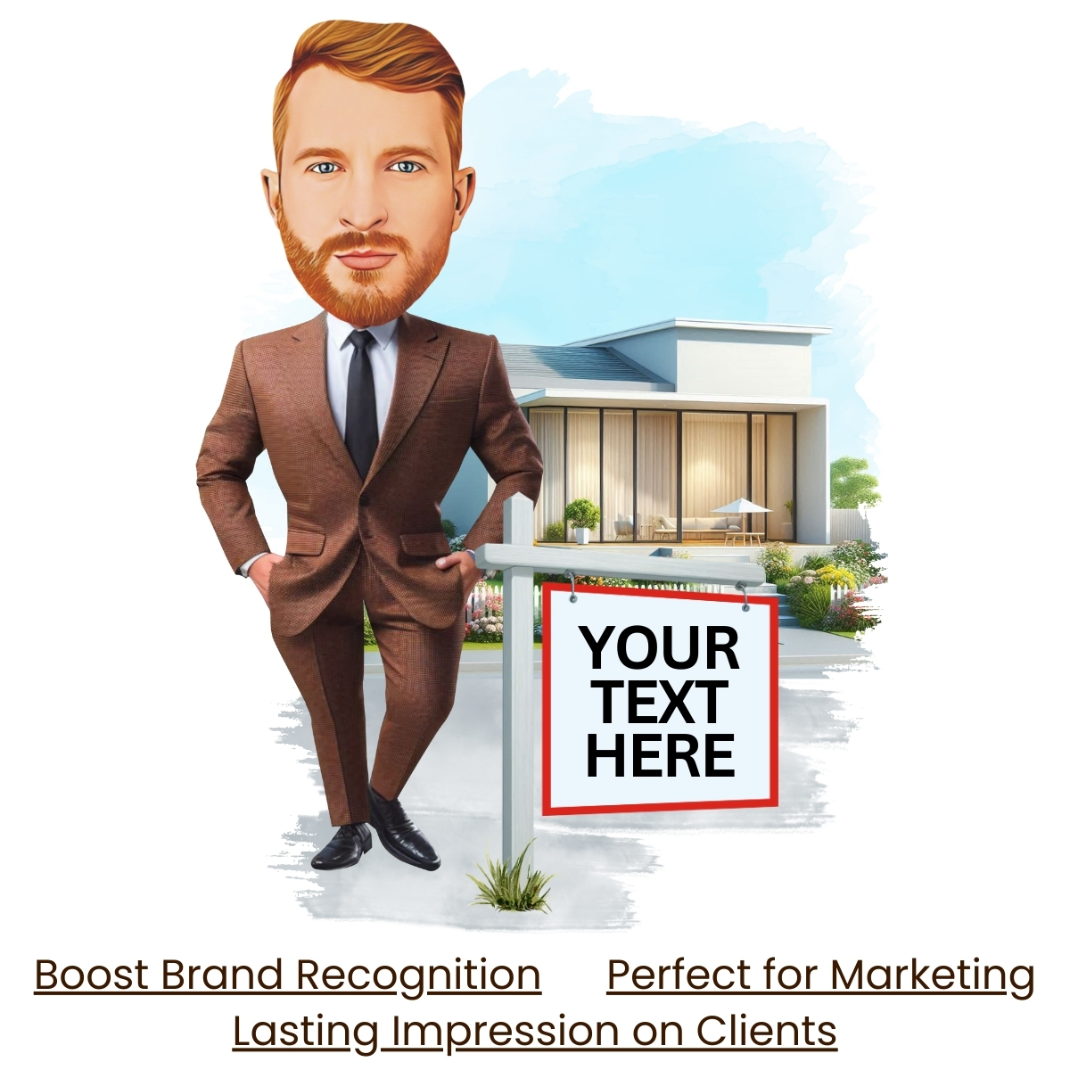 Custom Realtor Caricature with Signboard for Branding & Marketing